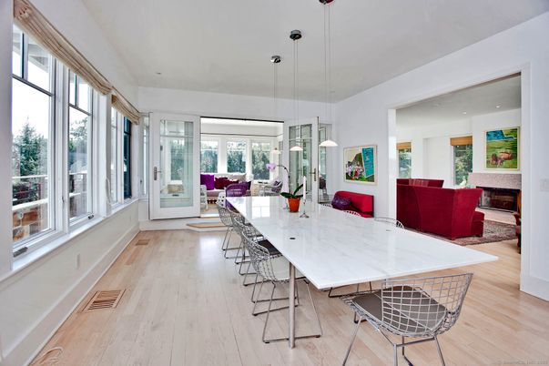 Dining room, Fireplace, Interior, Living room, Pendant Lights, Recessed Lighting, Wood Texture Flooring