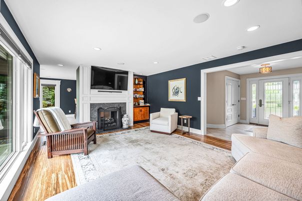 Fireplace, Interior, Living room, Recessed Lighting, Wood Texture Flooring