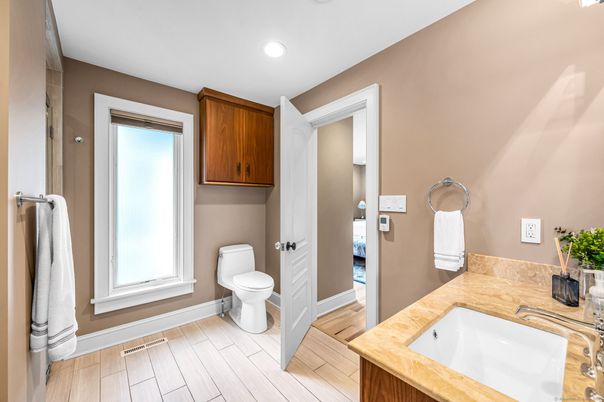 Bathroom, Interior, Recessed Lighting, Wood Texture Flooring