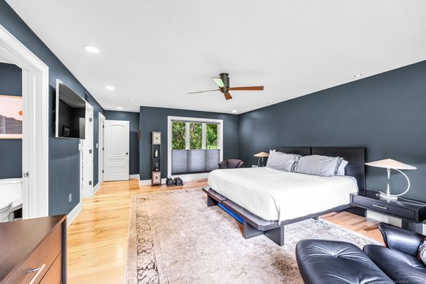 Bedroom, Interior, Recessed Lighting, Wood Texture Flooring