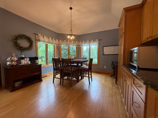 Dining room, Interior, Pendant Lights, Wood Texture Flooring