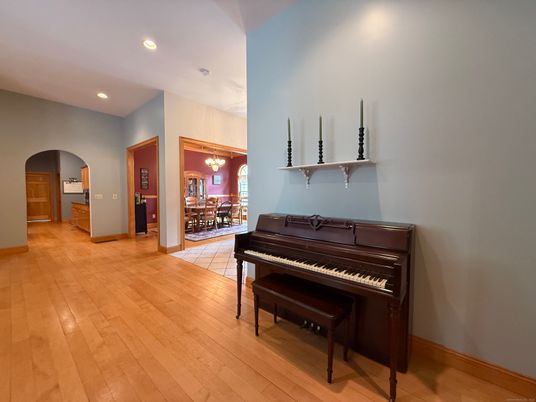 Dining room, Interior, Piano, Recessed Lighting, Wood Texture Flooring