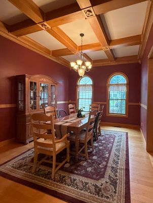 Chandelier, Dining room, Interior, Wooden Beams, Wood Texture Flooring