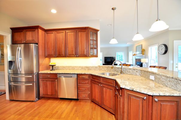 Interior, Kitchen, Pendant Lights, Recessed Lighting, Stainless Steel Appliances, Wood Texture Flooring