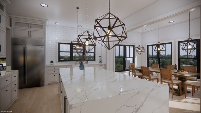 Dining room, Interior, Kitchen, Pendant Lights, Recessed Lighting, Wood Texture Flooring