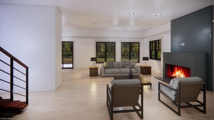 Fireplace, Interior, Living room, Recessed Lighting, Wood Texture Flooring