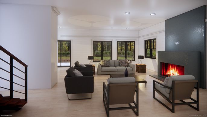 Fireplace, Interior, Living room, Recessed Lighting, Wood Texture Flooring