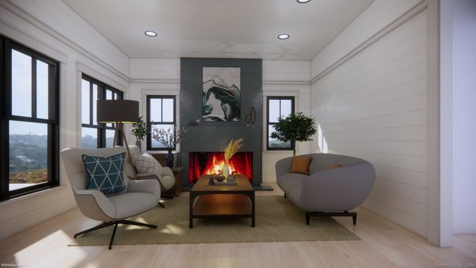 Fireplace, Interior, Living room, Recessed Lighting, Wood Texture Flooring