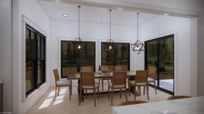 Dining room, Interior, Pendant Lights, Recessed Lighting, Wood Texture Flooring