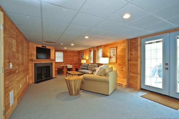 Fireplace, Interior, Living room, Recessed Lighting, Wooden Walls