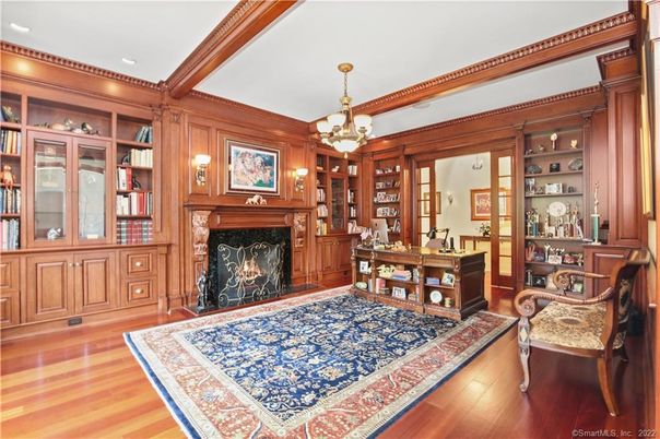 Chandelier, Fireplace, Home Office, Interior, Pendant Lights, Recessed Lighting, Wooden Beams, Wood Texture Flooring, Wooden Walls