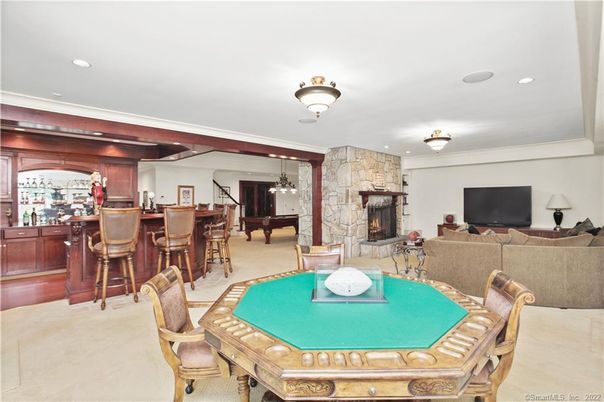 Billiard Table, Fireplace, Game Room, Interior, Living room, Recessed Lighting, Stone Walls