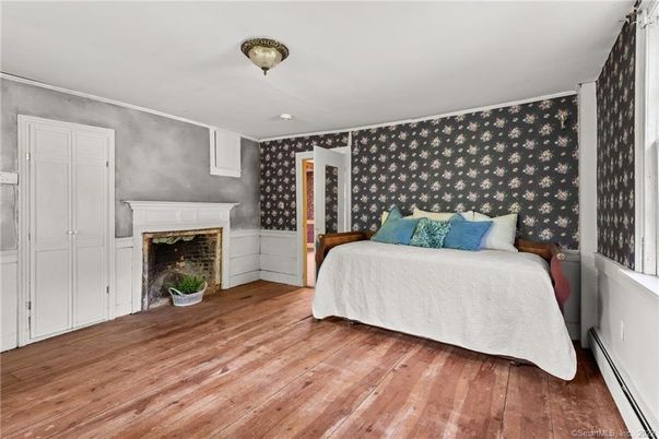 Bedroom, Fireplace, Interior, Wood Texture Flooring