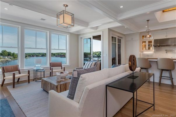 Interior, Kitchen, Living room, Pendant Lights, Recessed Lighting, Water, Wood Texture Flooring