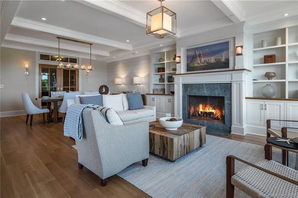 Dining room, Fireplace, Interior, Living room, Pendant Lights, Recessed Lighting, Wood Texture Flooring