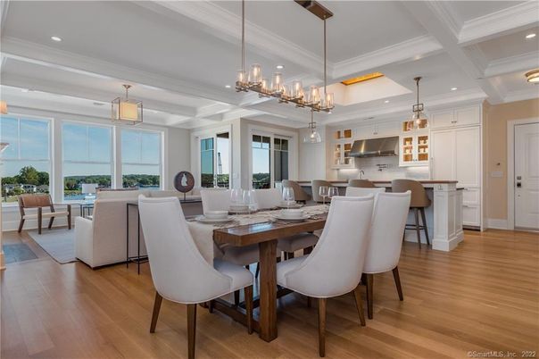 Dining room, Interior, Kitchen, Living room, Pendant Lights, Recessed Lighting, Stainless Steel Appliances, Wood Texture Flooring