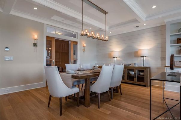 Dining room, Interior, Pendant Lights, Recessed Lighting, Wood Texture Flooring