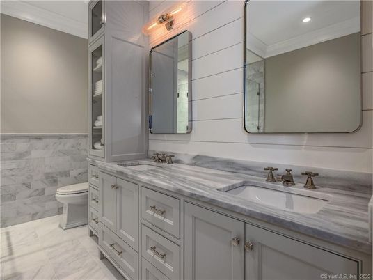 Bathroom, Dual Sink Vanities, Interior, Marble, Recessed Lighting