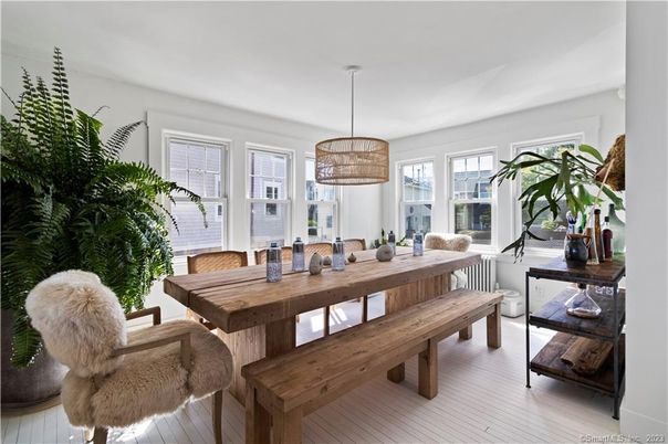 Dining room, Interior, Pendant Lights, Wood Texture Flooring