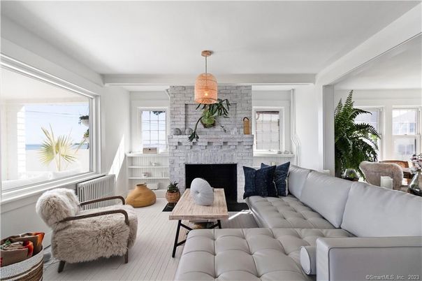 Fireplace, Interior, Living room, Pendant Lights, Stone Walls