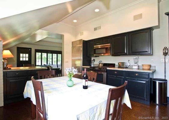 Dining room, Interior, Kitchen, Recessed Lighting, Stainless Steel Appliances, Wood Texture Flooring