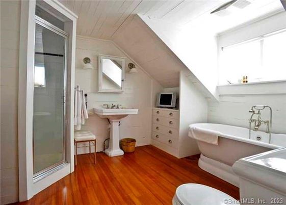 Bathroom, Free Standing Baths, Glass Shower, Interior, Wood Texture Flooring