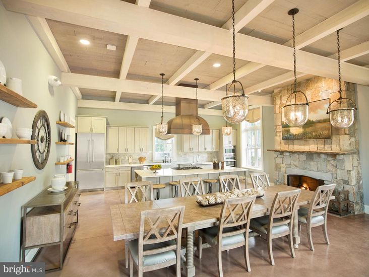 Dining room, Fireplace, Interior, Kitchen, Pendant Lights, Recessed Lighting, Stone Walls, Wooden Beams, Wooden Ceilings