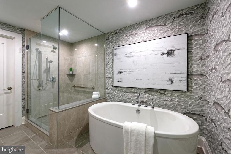 Bathroom, Free Standing Baths, Glass Shower, Interior, Marble Walls, Recessed Lighting