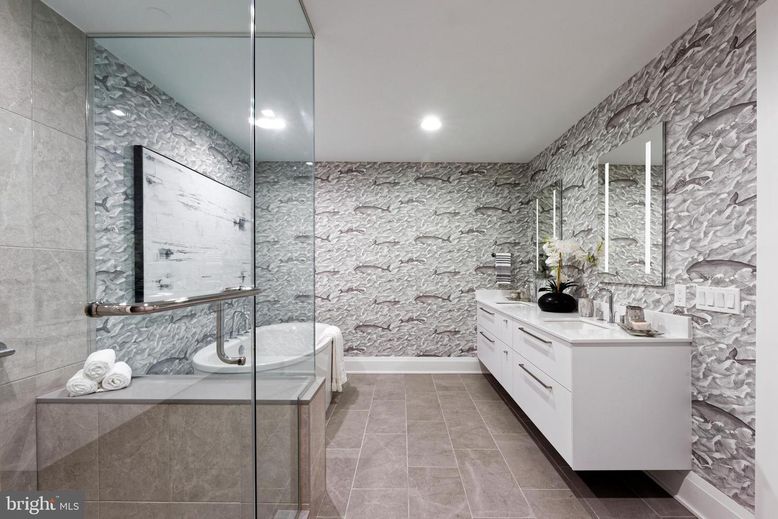 Bathroom, Glass Shower, Interior, Recessed Lighting, Stone Walls
