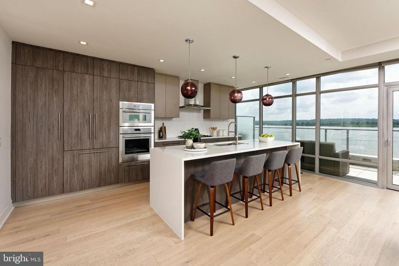 Interior, Kitchen, Pendant Lights, Recessed Lighting, Stainless Steel Appliances, Water, Wood Texture Flooring
