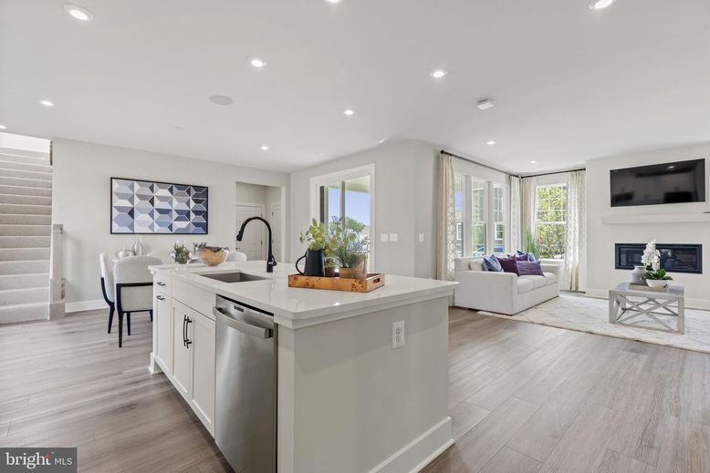 Dining room, Fireplace, Interior, Kitchen, Living room, Recessed Lighting, Wood Texture Flooring