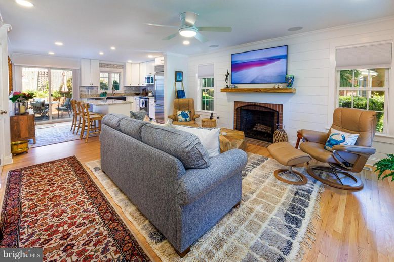 Dining room, Fireplace, Interior, Kitchen, Living room, Recessed Lighting, Wood Texture Flooring