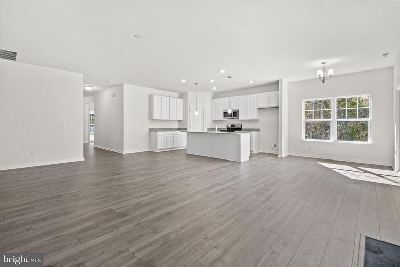 Empty room, Interior, Kitchen, Pendant Lights, Recessed Lighting, Wood Texture Flooring