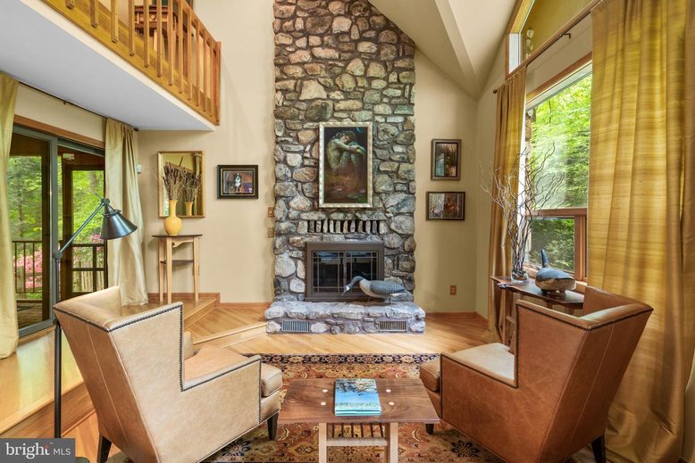 Fireplace, Interior, Living room, Stone Walls, Wood Texture Flooring