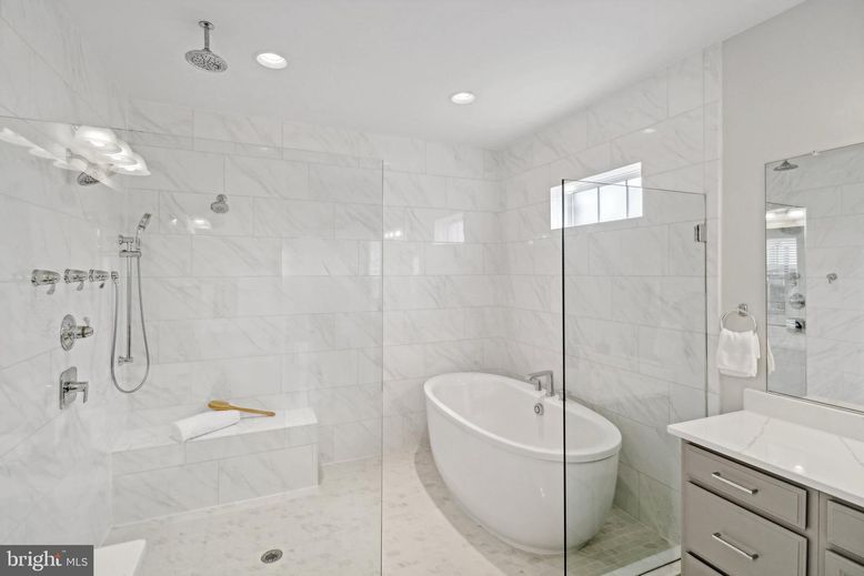 Bathroom, Free Standing Baths, Glass Shower, Interior, Marble Walls, Recessed Lighting