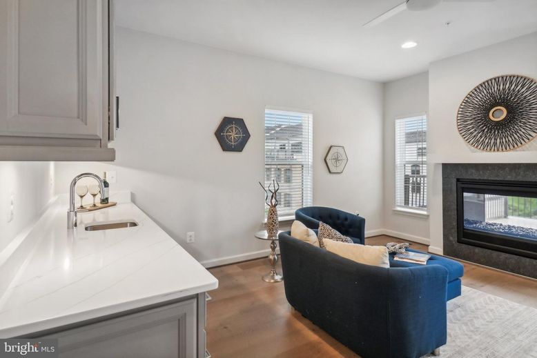 Fireplace, Interior, Kitchen, Recessed Lighting, Wood Texture Flooring
