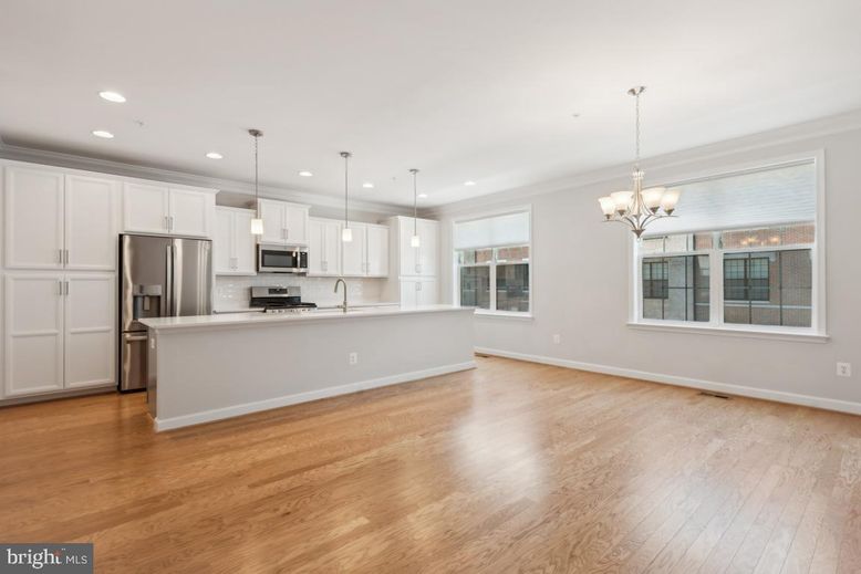 Chandelier, Interior, Kitchen, Pendant Lights, Recessed Lighting, Stainless Steel Appliances, Wood Texture Flooring