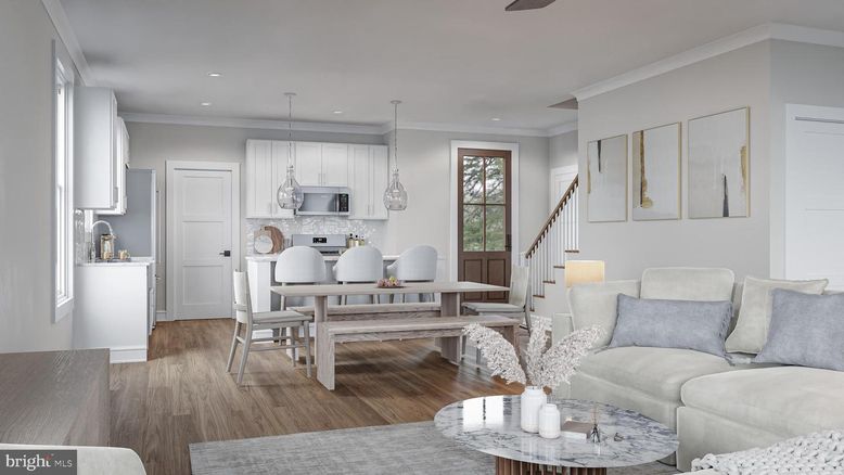 Dining room, Interior, Kitchen, Living room, Pendant Lights, Recessed Lighting, Wood Texture Flooring
