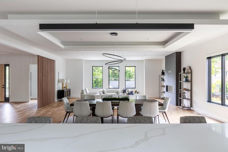 Dining room, Interior, Pendant Lights, Recessed Lighting, Wood Texture Flooring