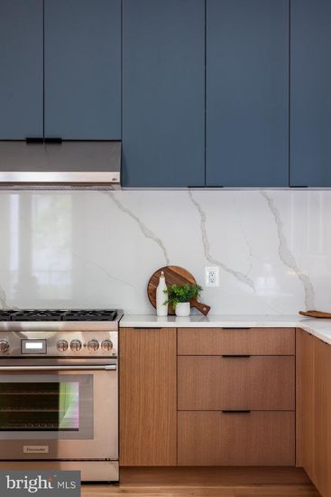 Interior, Kitchen, Marble Walls, Stainless Steel Appliances, Wood Texture Flooring