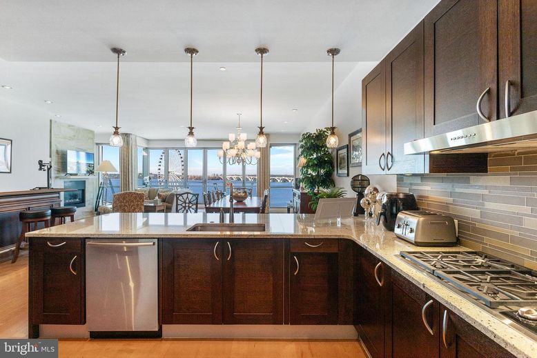 Interior, Kitchen, Pendant Lights, Recessed Lighting, Stainless Steel Appliances, Water, Wood Texture Flooring