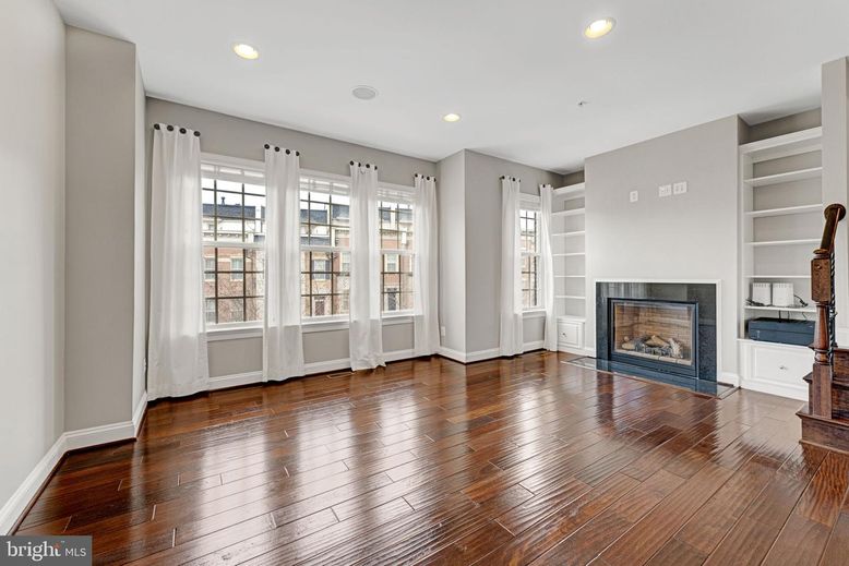 Empty room, Fireplace, Interior, Recessed Lighting, Wood Texture Flooring