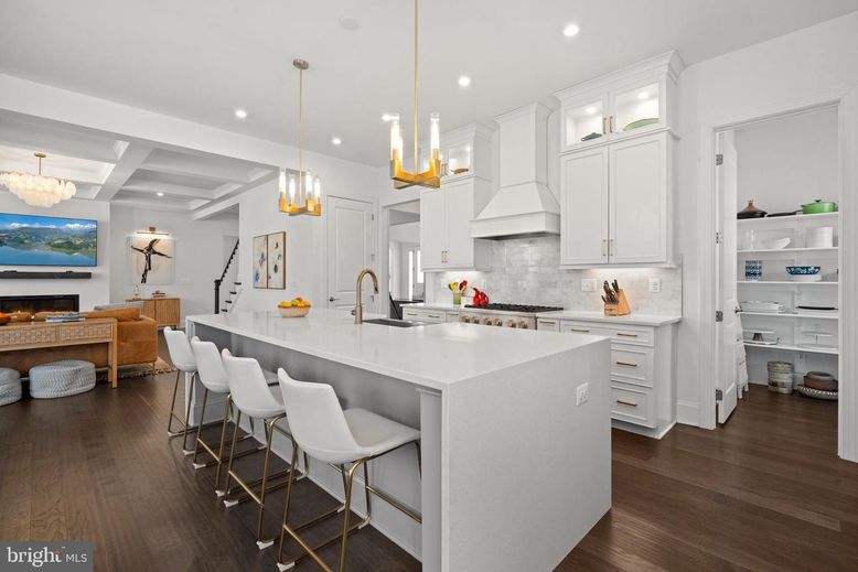 Chandelier, Interior, Kitchen, Pendant Lights, Recessed Lighting, Stainless Steel Appliances, Wood Texture Flooring