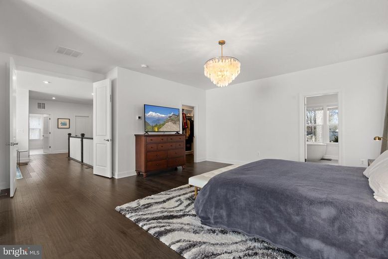 Bedroom, Chandelier, Interior, Recessed Lighting, Wood Texture Flooring