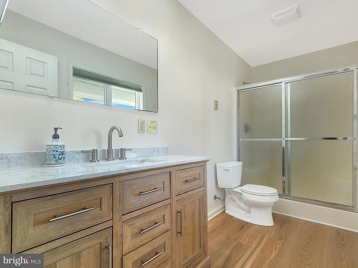 Bathroom, Glass Shower, Interior, Wood Texture Flooring