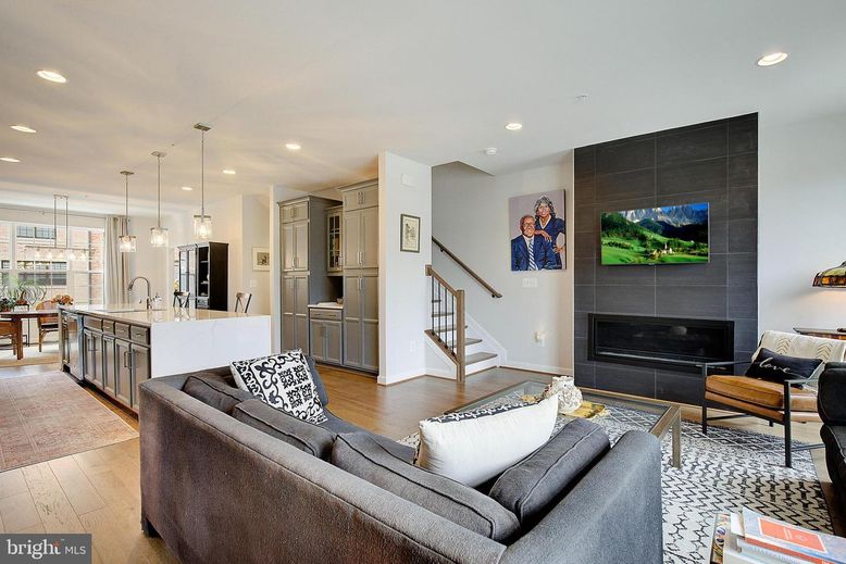 Fireplace, Interior, Kitchen, Living room, Pendant Lights, Recessed Lighting, Wood Texture Flooring