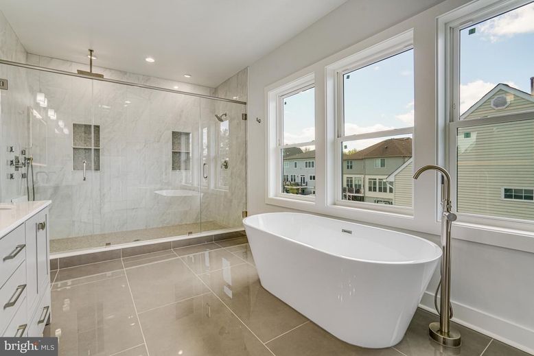 Bathroom, Free Standing Baths, Glass Shower, Interior, Marble Walls, Recessed Lighting
