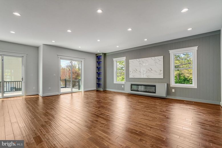 Empty room, Fireplace, Interior, Recessed Lighting, Wood Texture Flooring