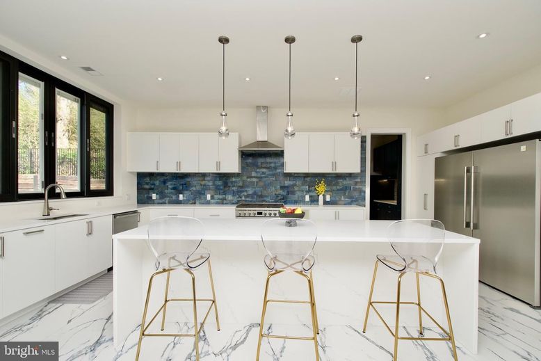 Interior, Kitchen, Marble, Pendant Lights, Recessed Lighting, Stainless Steel Appliances