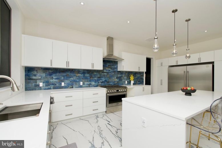 Interior, Kitchen, Marble, Pendant Lights, Recessed Lighting, Stainless Steel Appliances